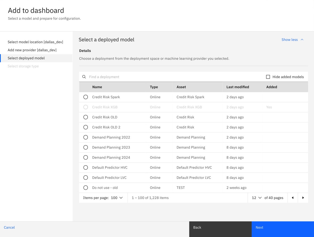 Select deployed model screen